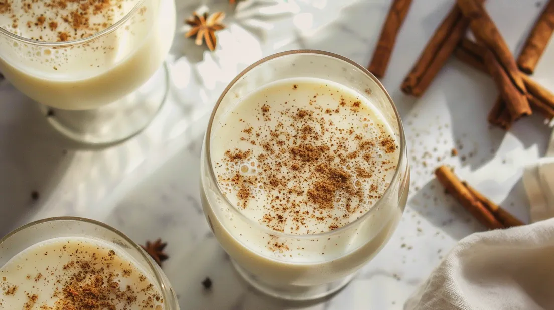 A glass of eggnog with cinnamon sprinkled on top.
