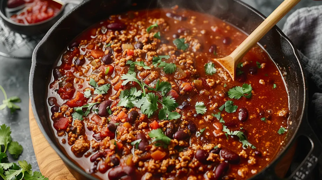 A bowl of thick and hearty turkey chili.