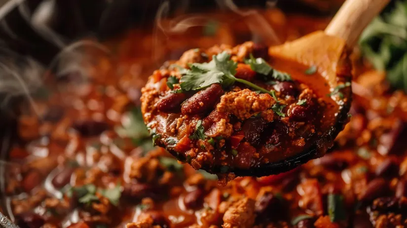 A spoonful of thick and hearty turkey chili.