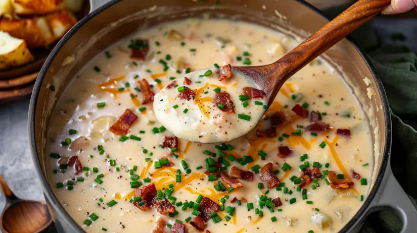 A spoon is in a bowl of soup.