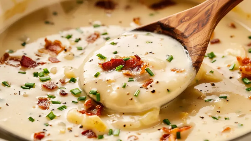 A spoon is in a bowl of soup.