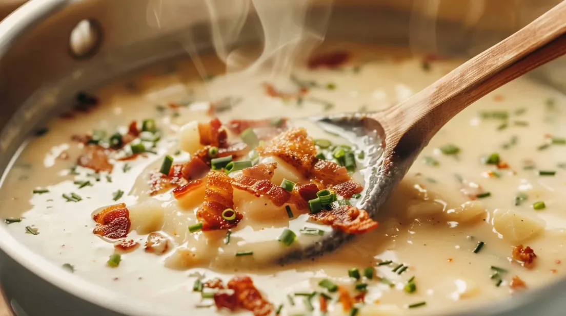A spoon is in a bowl of soup.