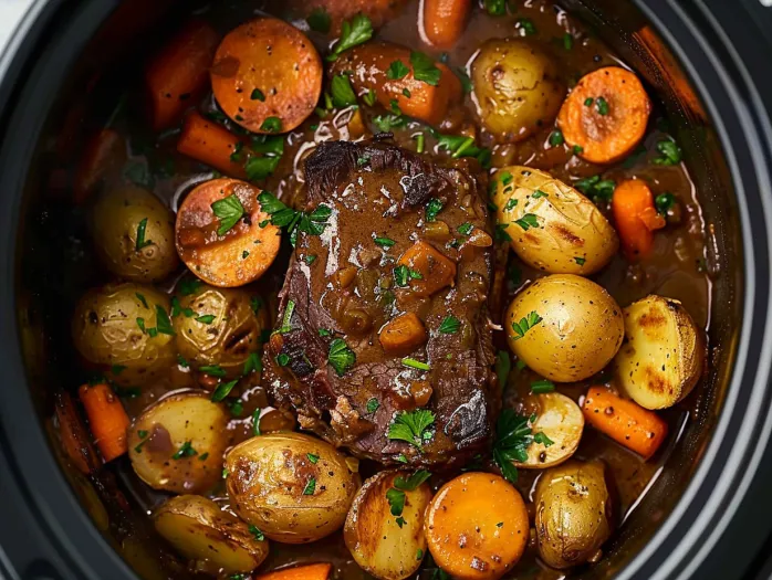 A pot roast in a crockpot with carrots and potatoes.