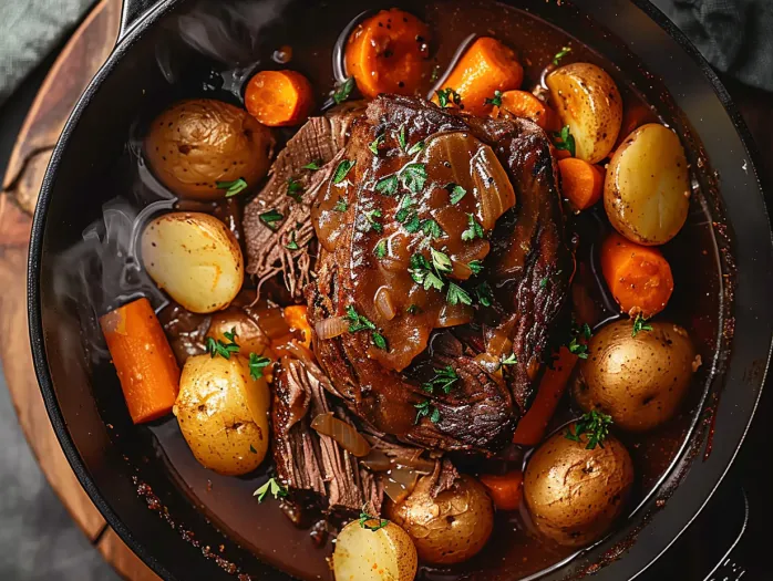 A pot roast with potatoes and carrots.