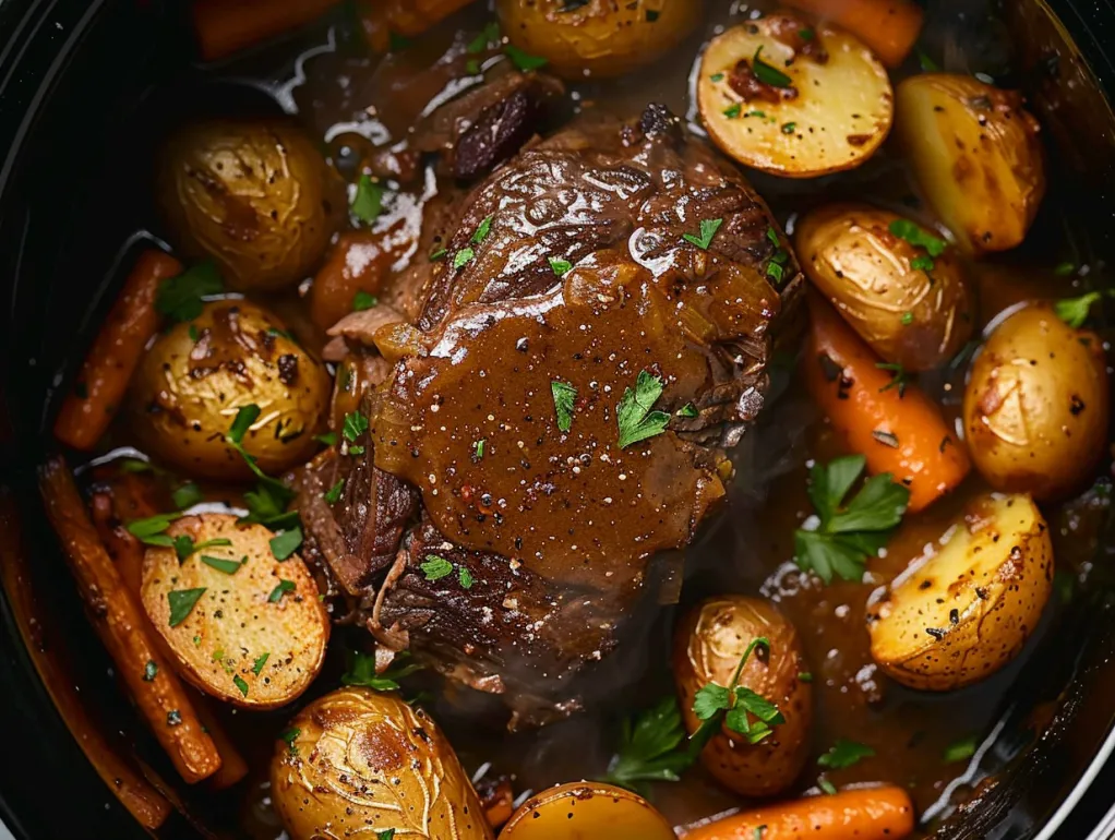 A pot roast in a crockpot with gravy.