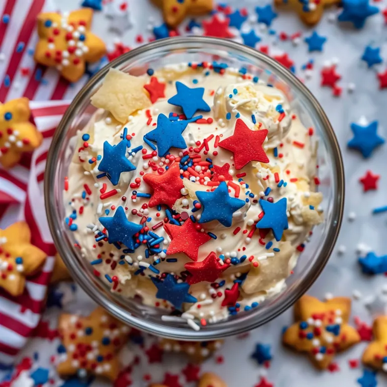 A bowl of red, white and blue funfetti dip.