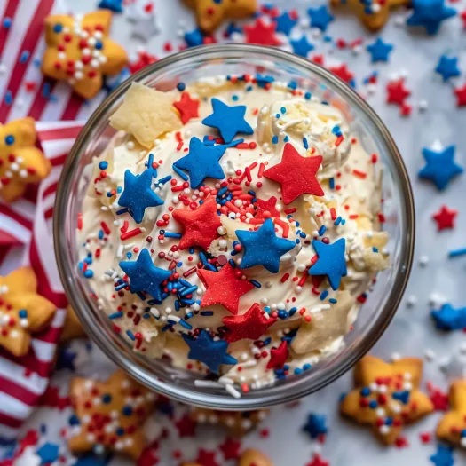 A bowl of red, white and blue funfetti dip.