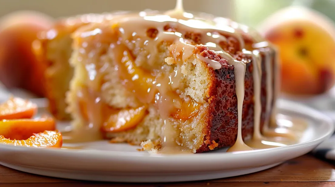 A slice of peach cake with a glaze.