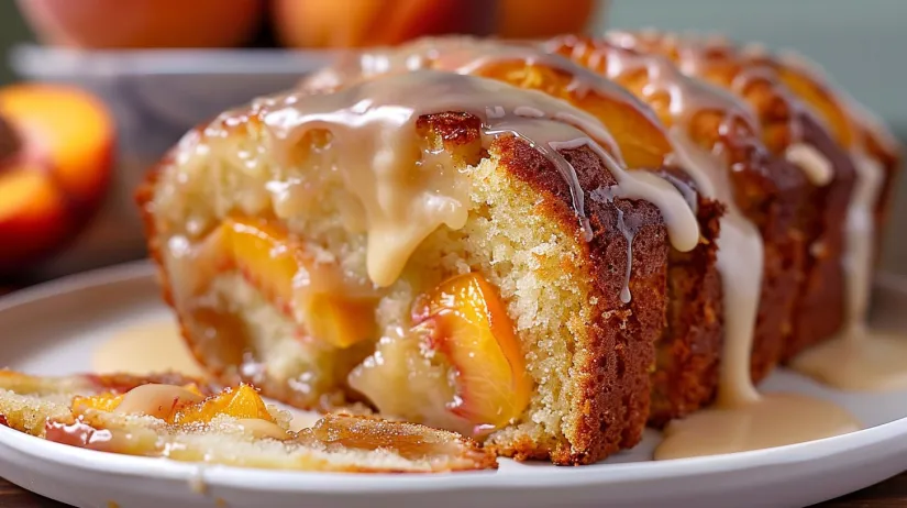 A slice of peach cake with a glaze on top.