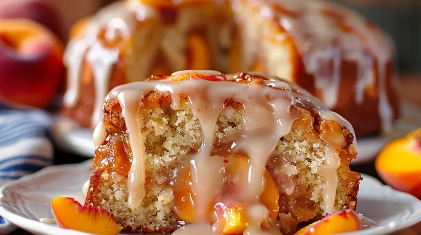 A close up of a delicious peach cake.
