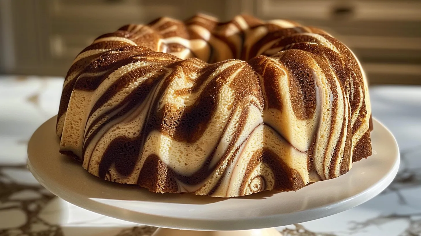 A cinnamon swirl bundt cake on a plate.