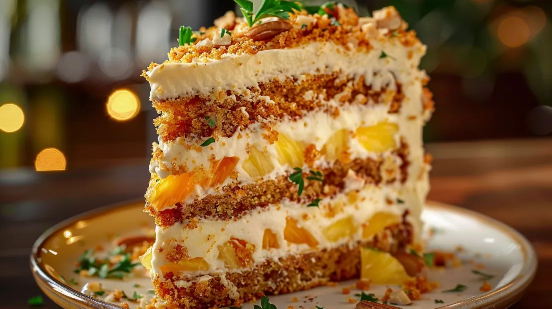 A slice of Hawaiian Carrot Pineapple Cake.