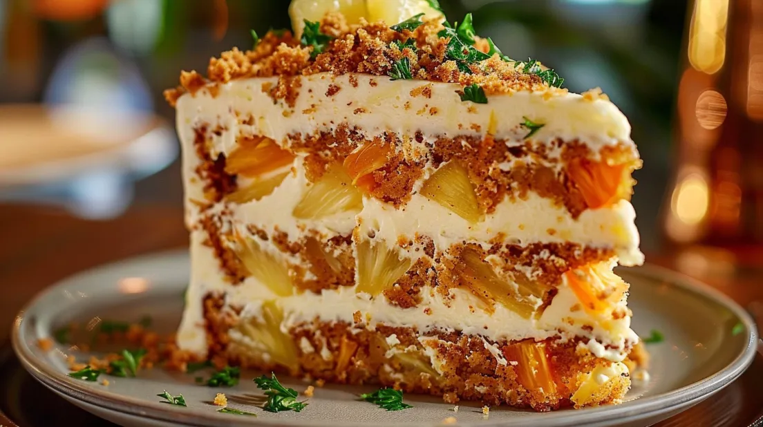 A slice of Hawaiian Carrot Pineapple Cake.