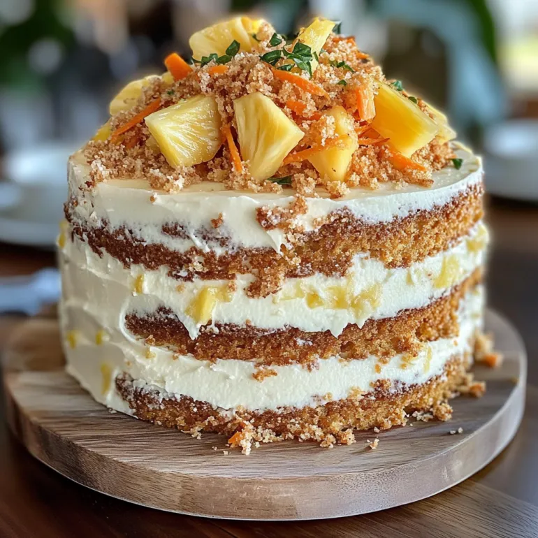 A three-layered cake with carrots and pineapple on top.