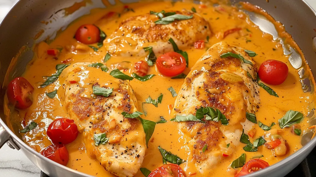 A dish of chicken with tomatoes and herbs.