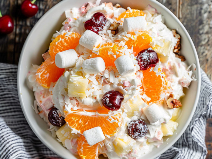 A bowl of Ambrosia Salad.