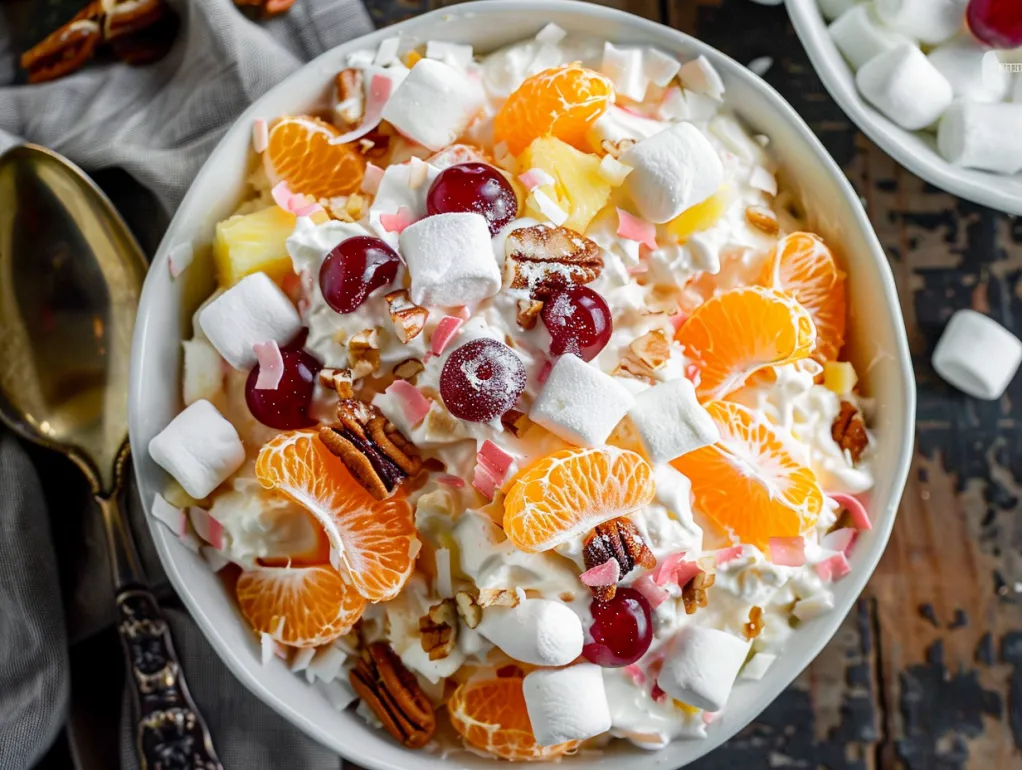 A bowl of Ambrosia Salad.