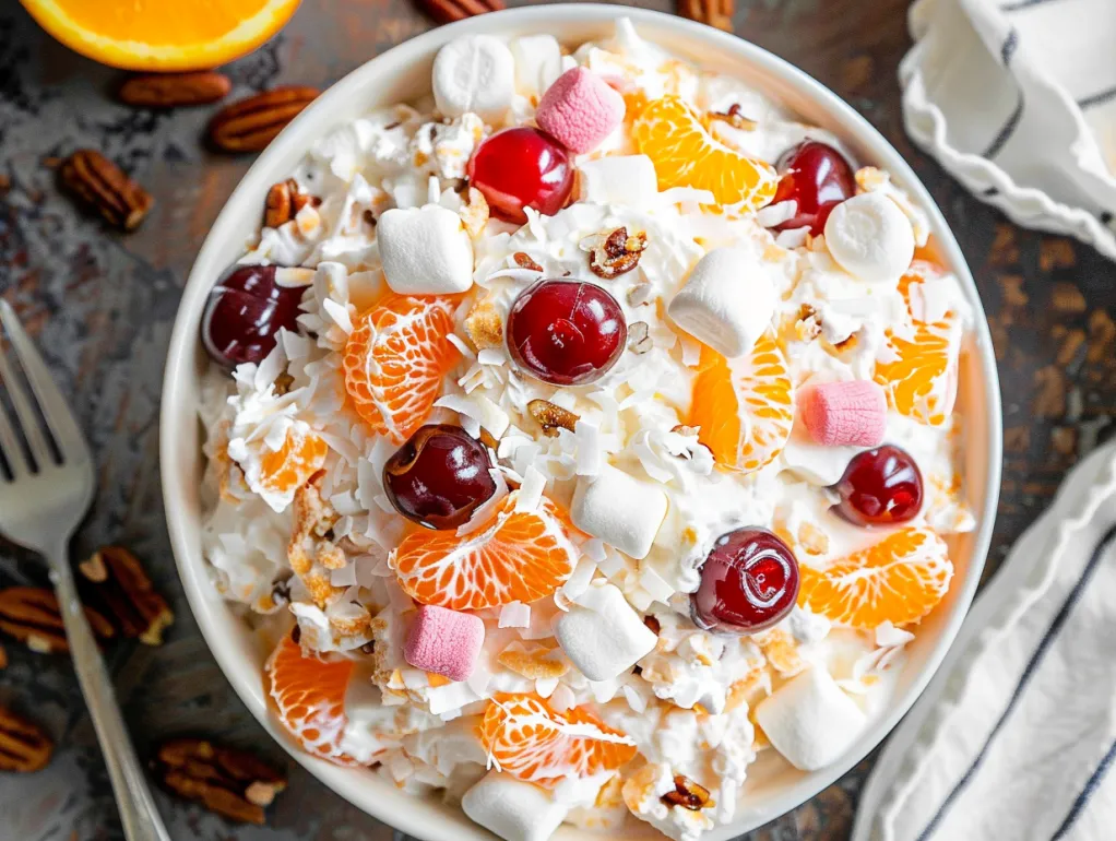 A bowl of Ambrosia Salad.
