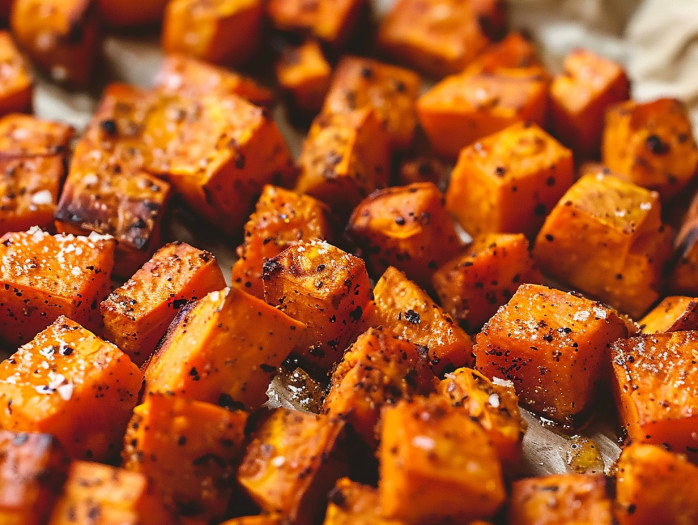 Roasted sweet potatoes on a tray.