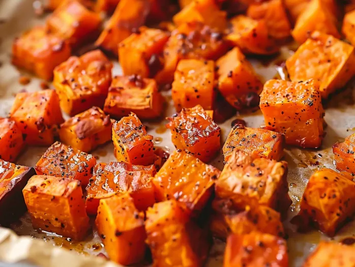 A close up of roasted sweet potatoes.