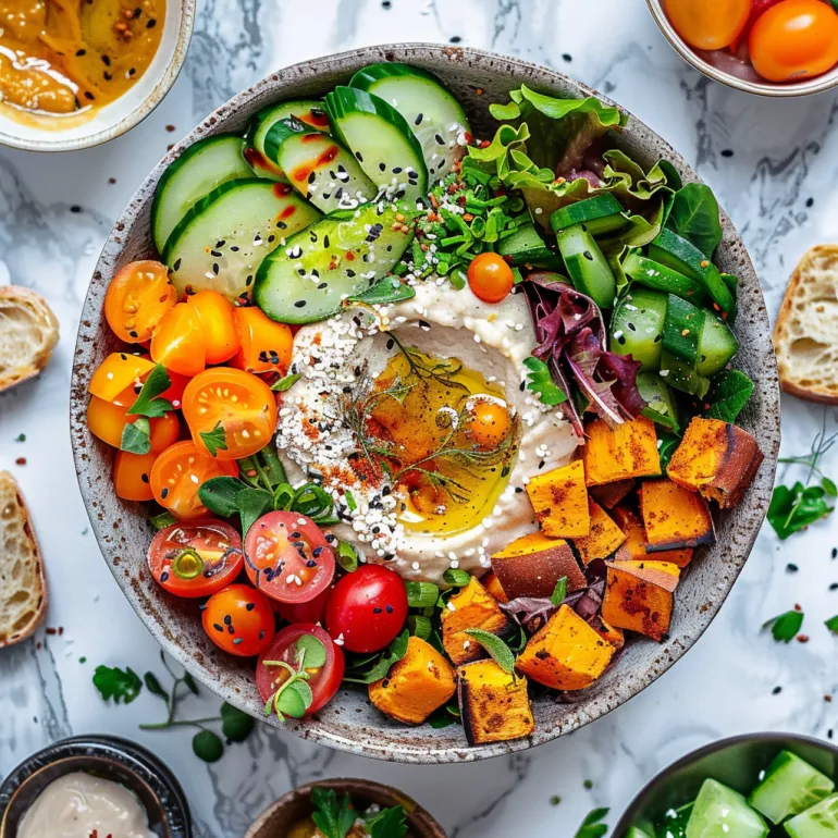 A bowl of vegetables and hummus.