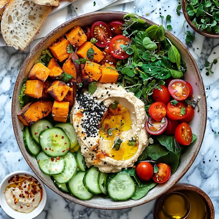 A mediterranean bowl recipe with a variety of vegetables and hummus.