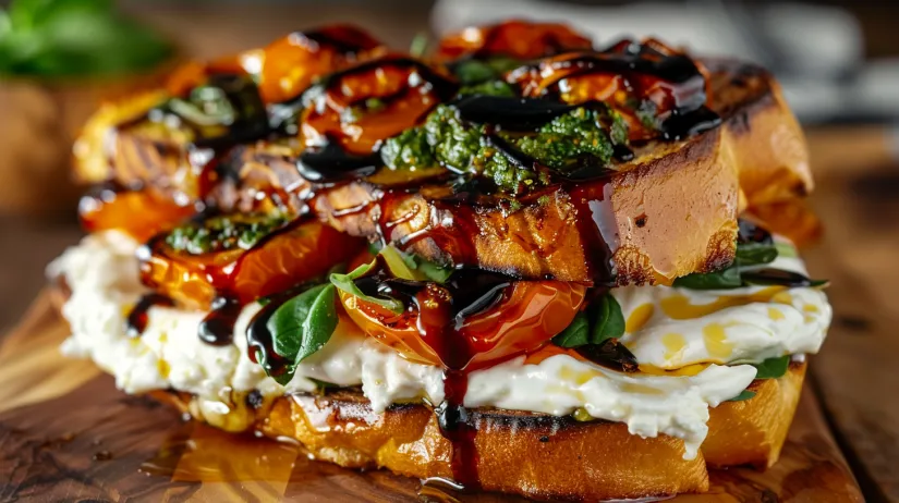 A Burrata Caprese Sandwich with Cherry Tomato Confit.