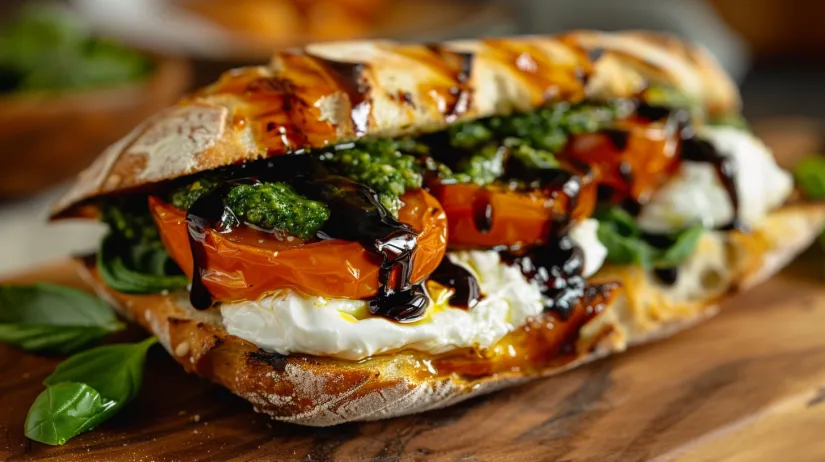 A Burrata Caprese Sandwich with Cherry Tomato Confit.