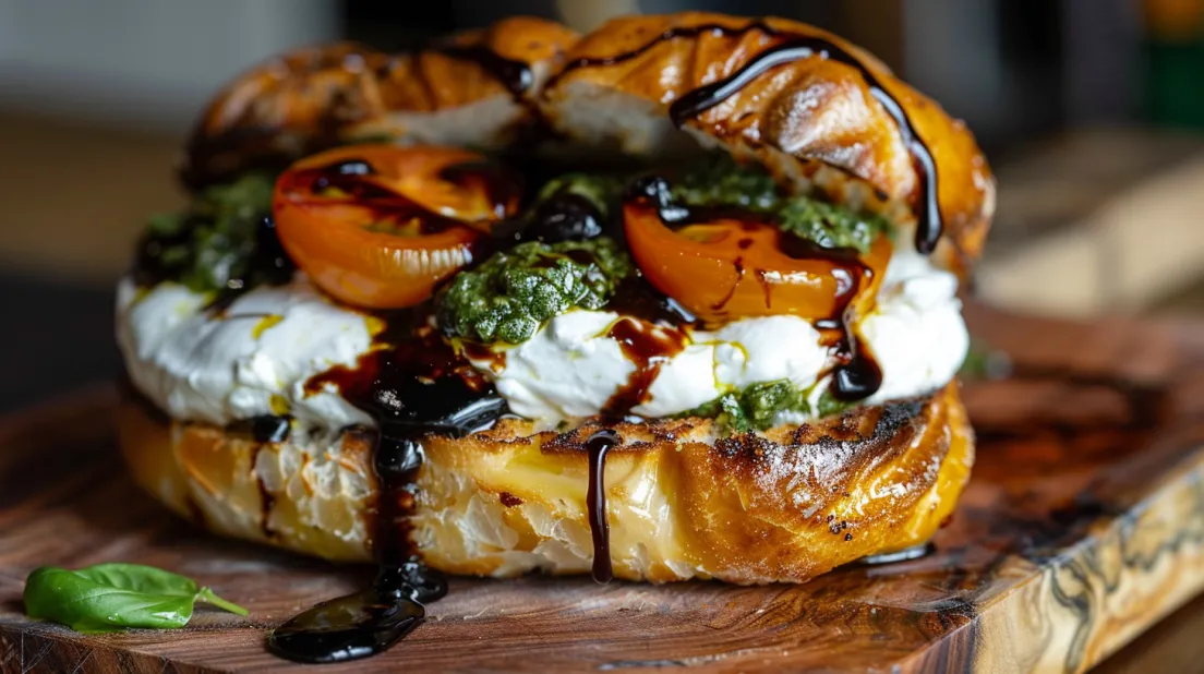 A close up of a Burrata Caprese Sandwich with Cherry Tomato Confit.