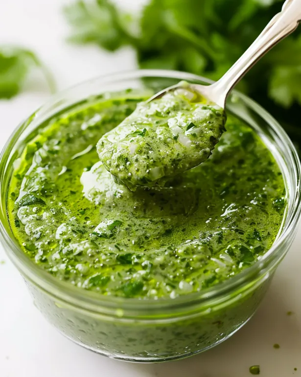 A spoon is in a bowl of Aji Verde.
