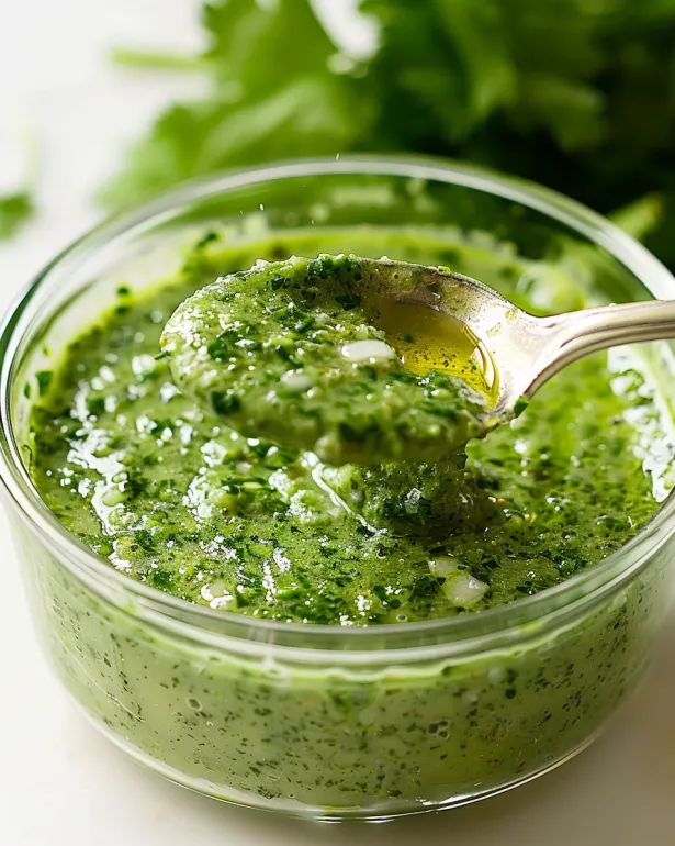 A spoon in a bowl of Aji Verde.