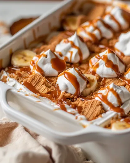 A dish of banana pudding with whipped cream and caramel sauce.