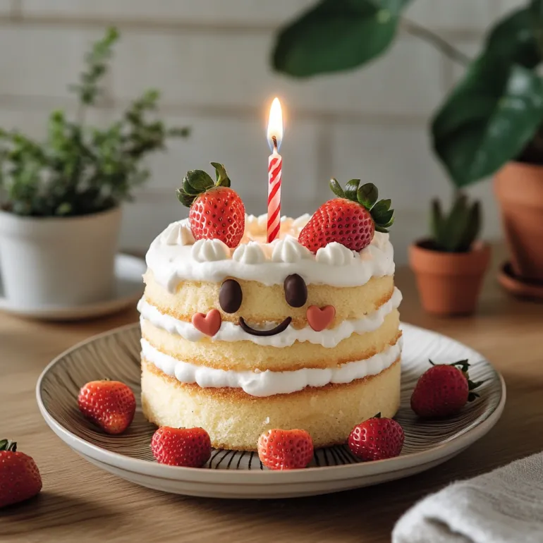 A birthday cake with a candle and strawberries.
