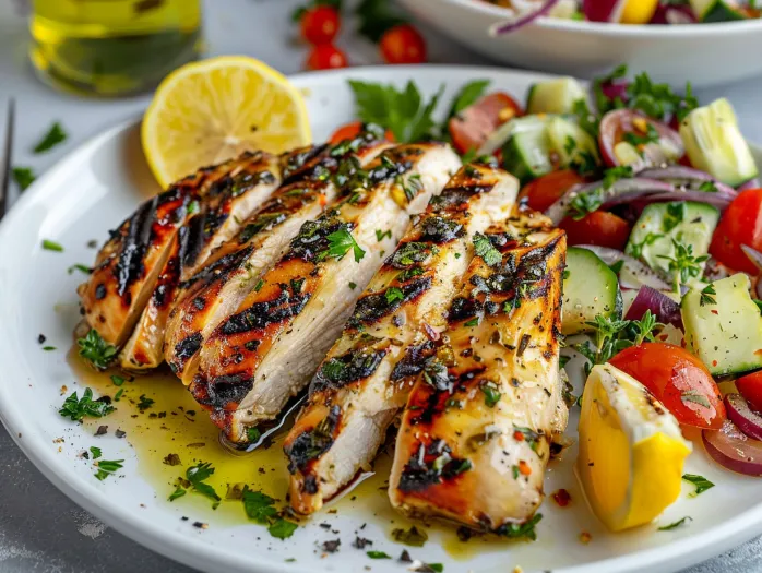 A plate of grilled chicken with a Greek marinade.