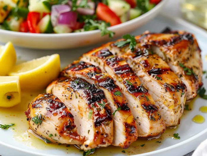 A plate of grilled chicken with a lemon wedge on the side.