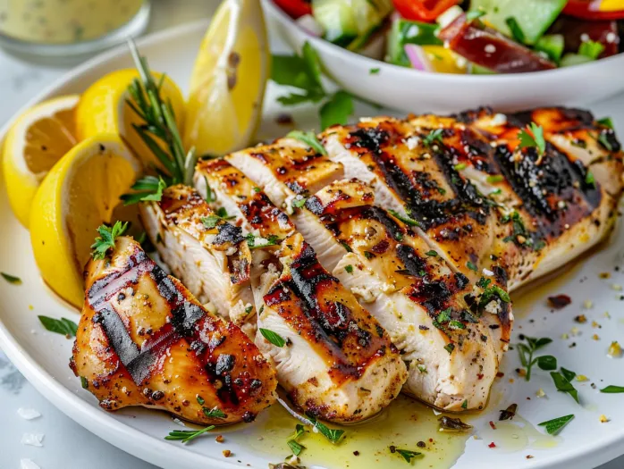 A plate of grilled chicken with a Greek marinade.