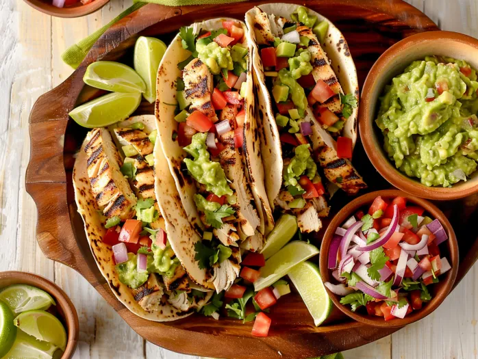 A plate of grilled chicken tacos with guacamole.