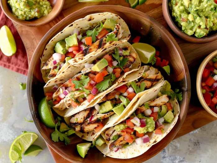 A bowl of grilled chicken tacos with guacamole.
