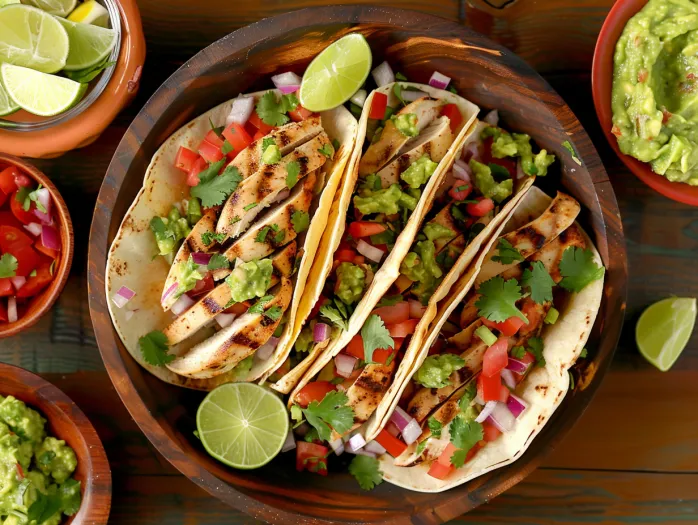 A plate of grilled chicken tacos with guacamole.