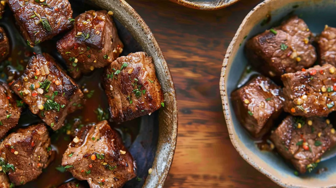 A bowl of steak bites with seasoning.