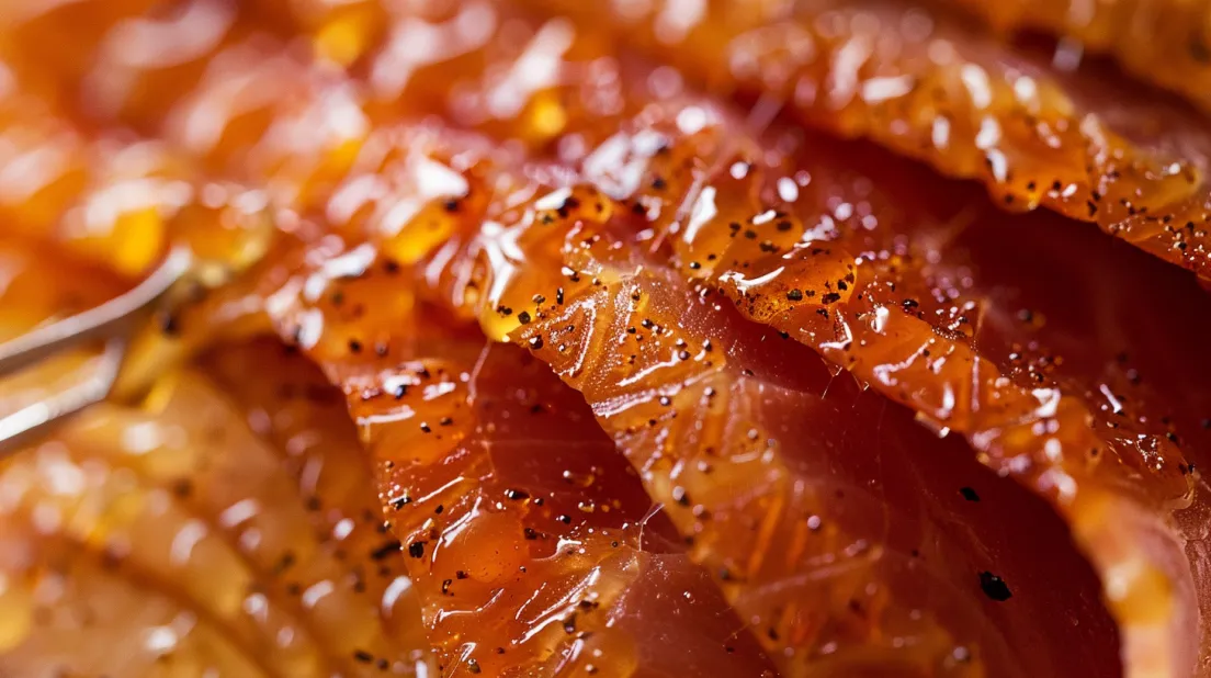 A close up of a piece of ham with a golden glaze.