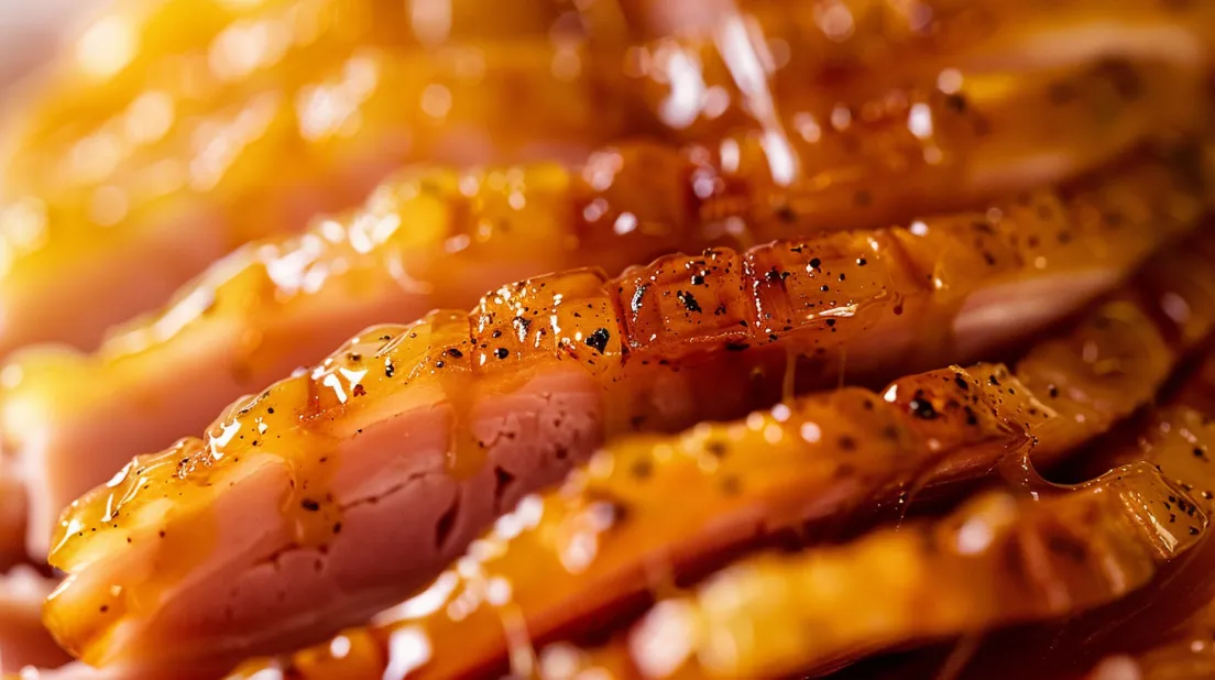 A close up of a piece of ham with a glaze.