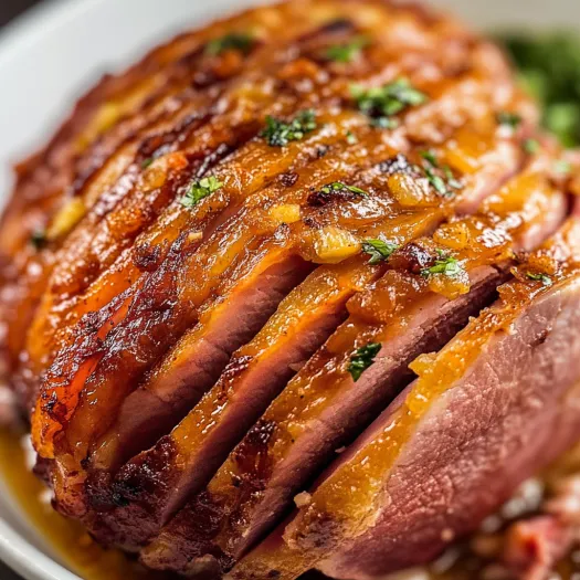 A close up of a piece of meat with a recipe for a copycat Honey Baked Ham.