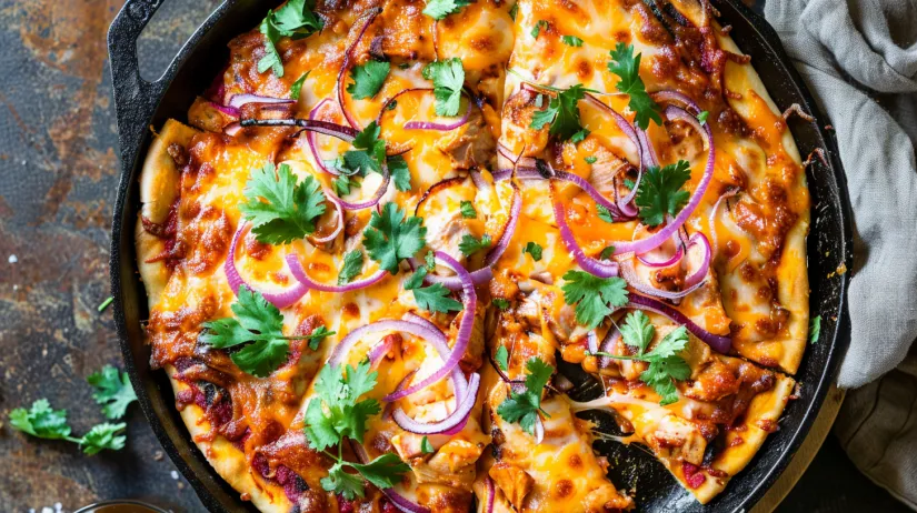 A homemade BBQ chicken pizza with onions and peppers.