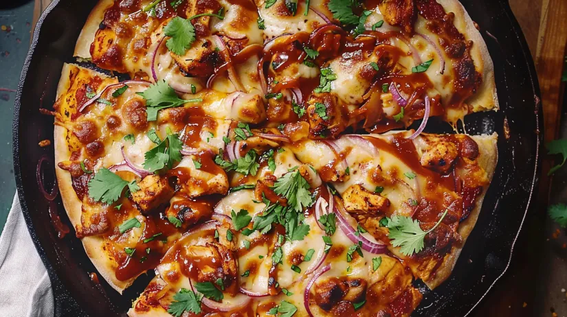 A homemade BBQ chicken pizza with onions and peppers.