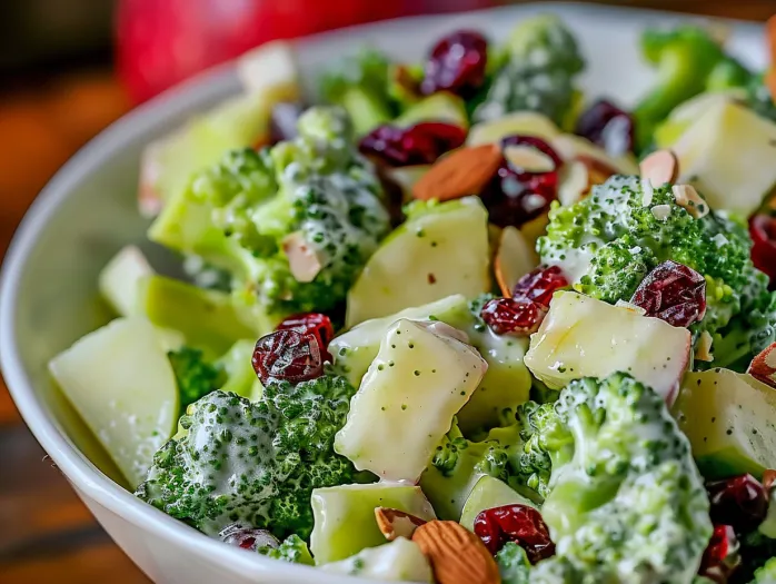 A bowl of salad with broccoli, apples, and raisins.