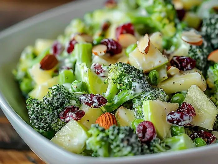 A bowl of broccoli salad with nuts and cheese.