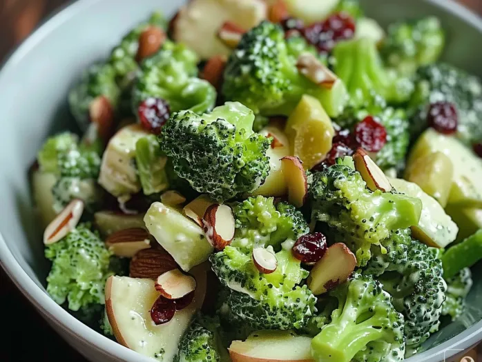 A bowl of broccoli salad with apples and nuts.