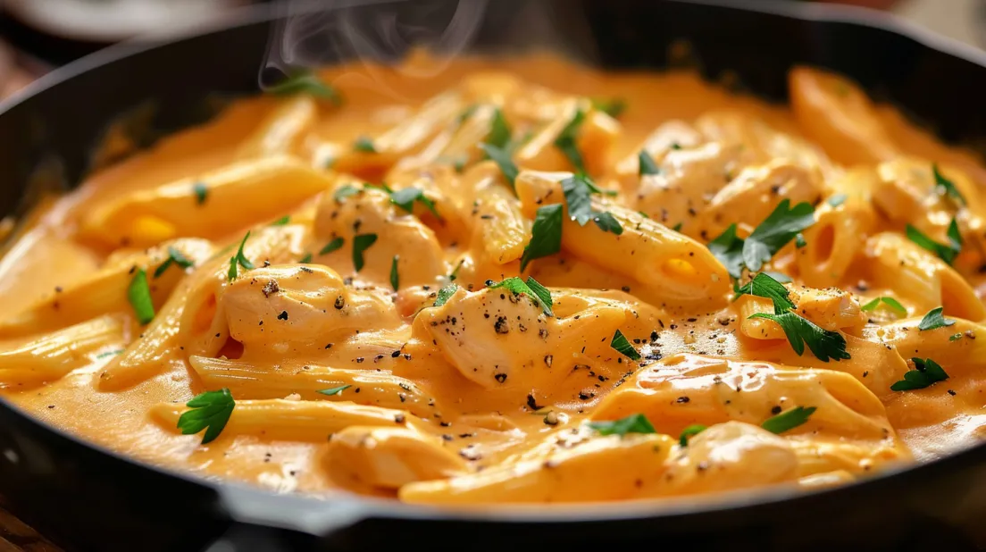 A close up of a one-pot buffalo ranch chicken penNE.