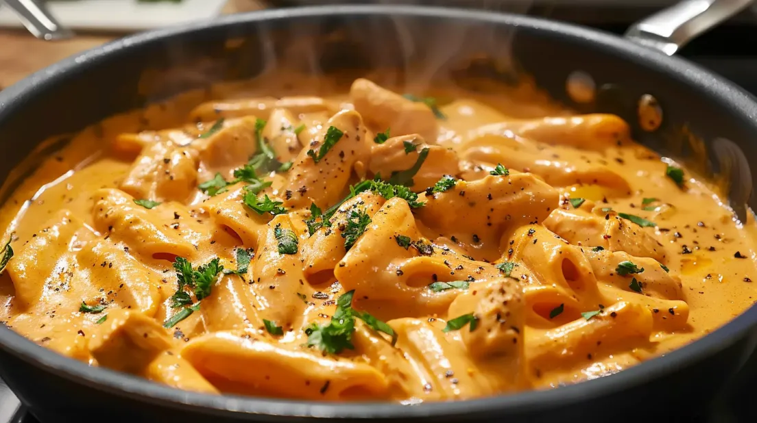 A bowl of chicken and pasta.
